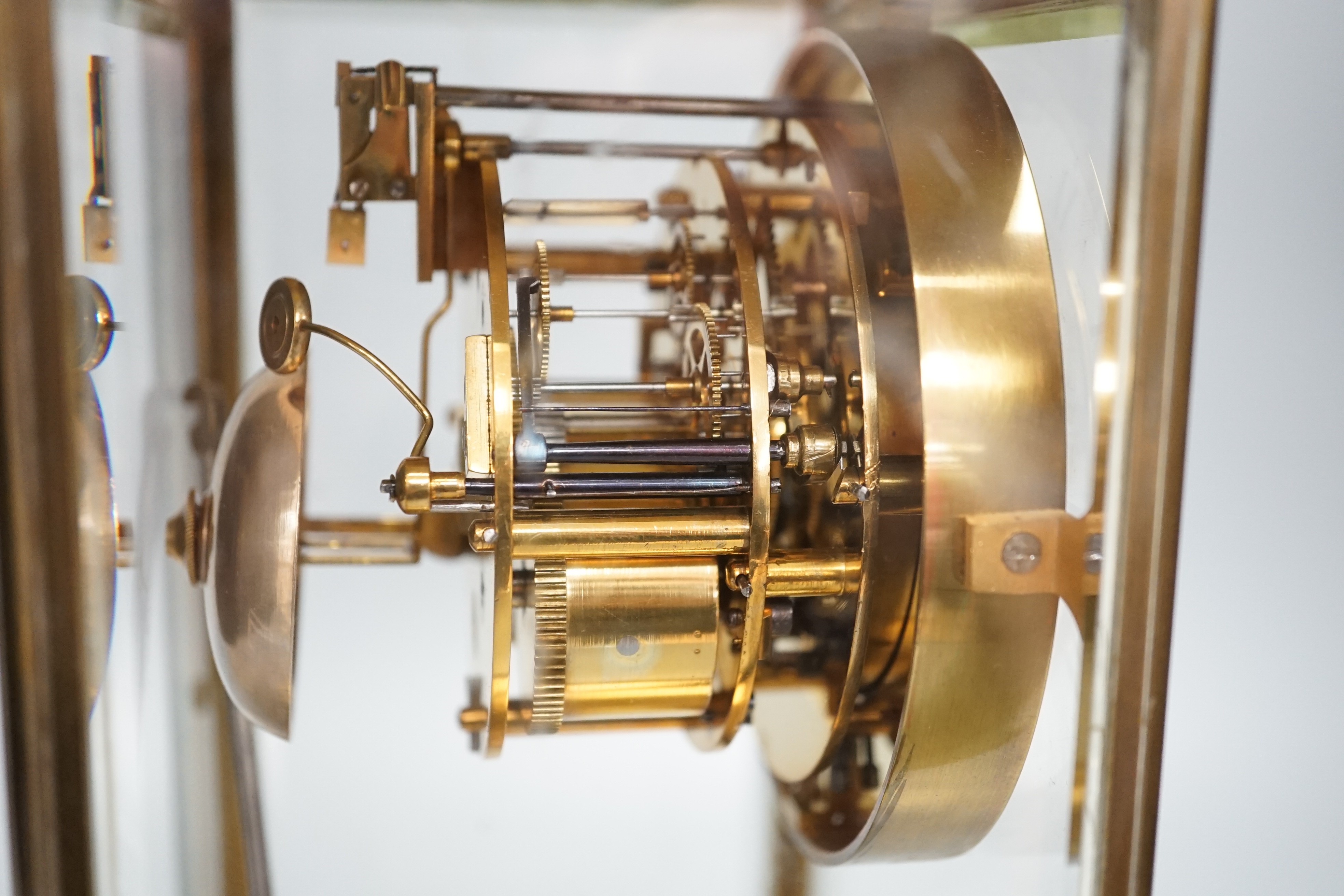 A late 19th century French four glass mantel clock with S.Marti movement, mercury pendulum & key. 30cm